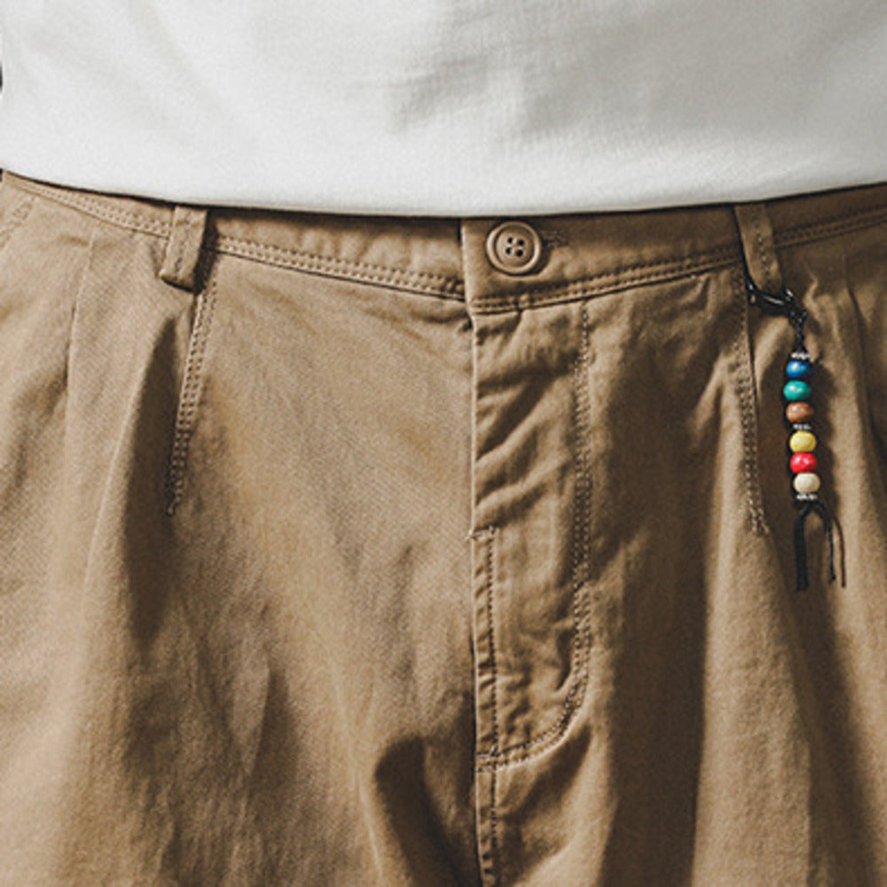 美式復古卡其色工裝褲男春秋款潮牌大碼寬松直筒休閑九分褲子