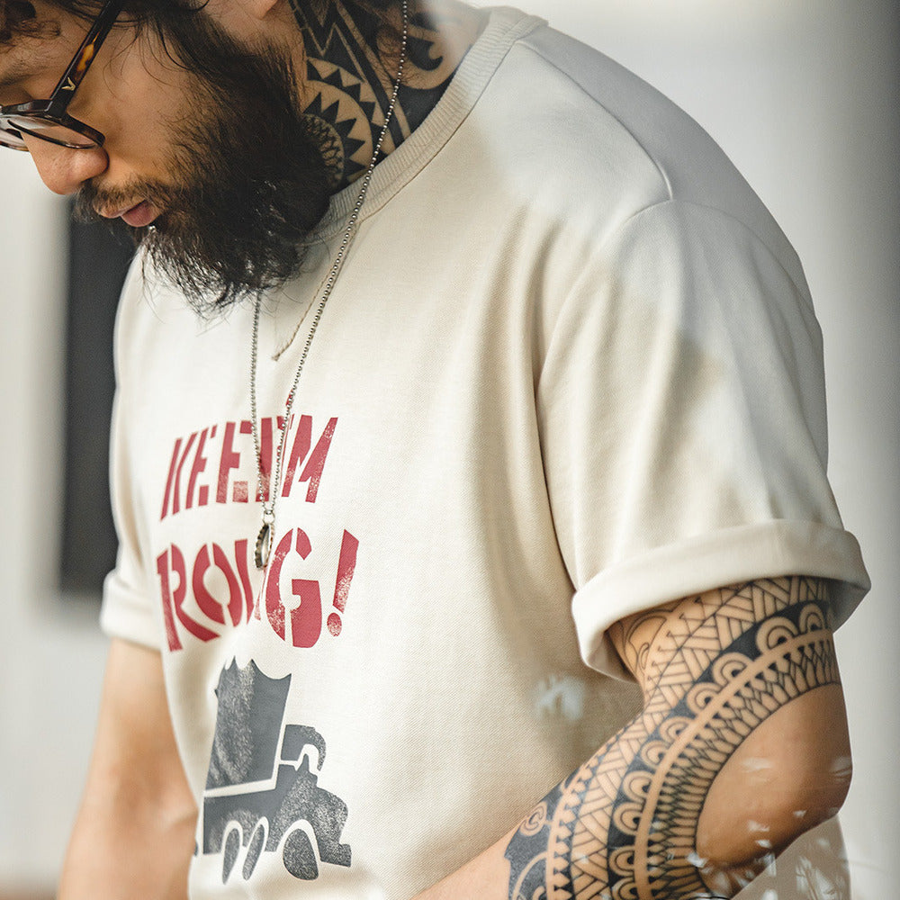 美式復古塗鴉字母印花短袖T恤混紡圓領杏色小眾Tee男夏