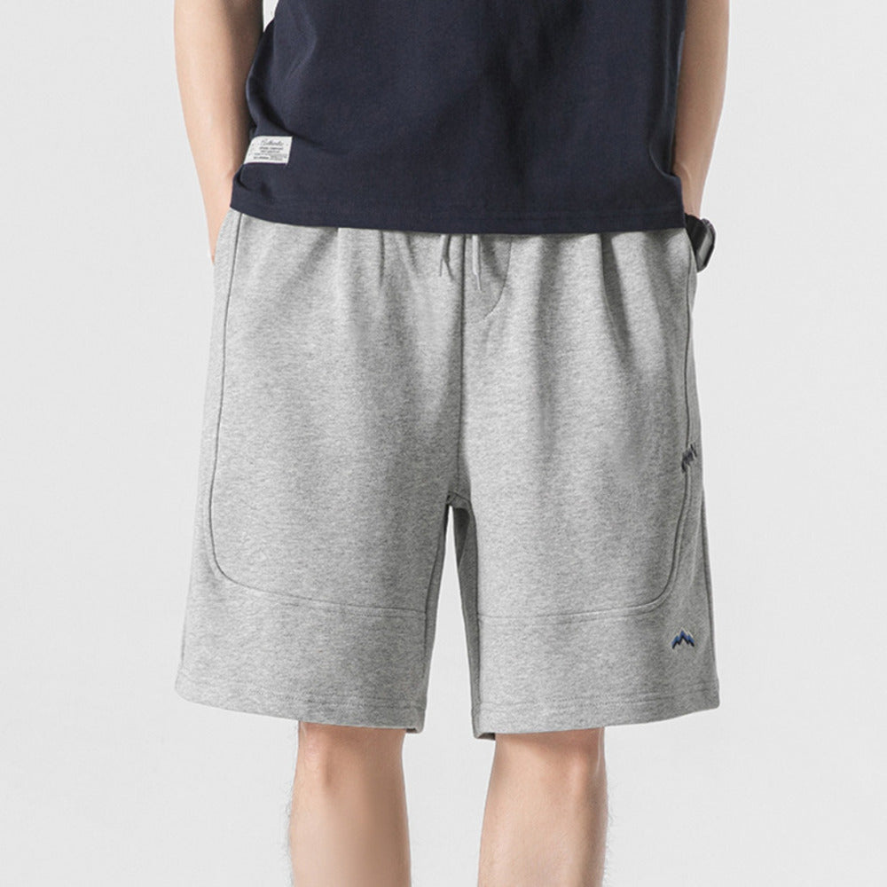 夏季純色拼接刺繡衛褲寬松百搭直筒褲潮流休閑沙灘褲