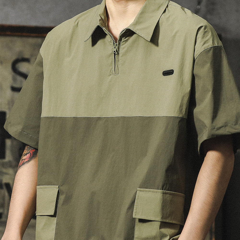 美式休閑速幹男t恤夏天薄款冰絲短袖拼色polo衫潮牌工裝襯衫體恤