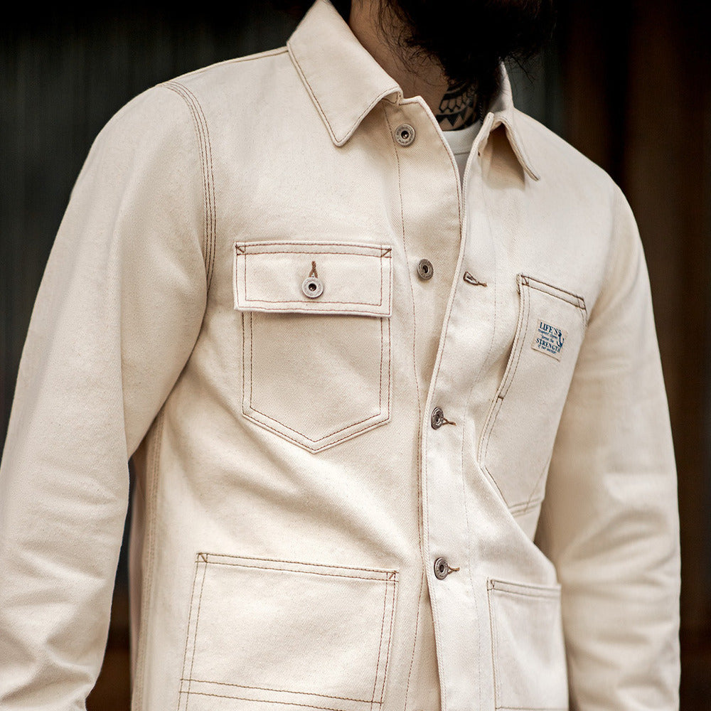 美式復古棉籽殼翻領夾克阿美咔叽多口袋上衣外套男秋