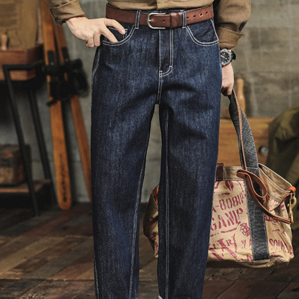 活性染原色牛仔美式赤耳丹寧牛仔褲男直筒寬松原牛休閑長褲子