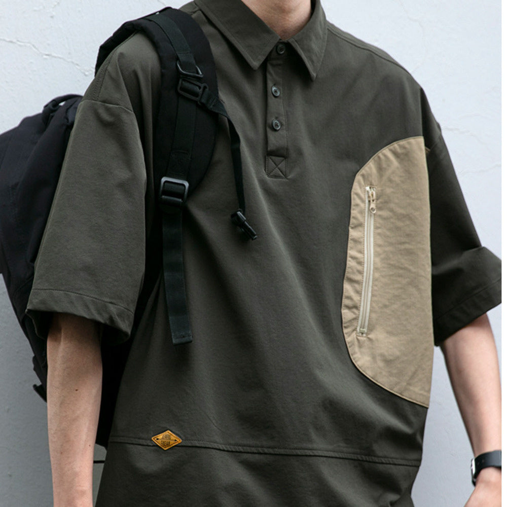 復合拼色短袖襯衫男夏季新款口袋拉鏈寬松套頭襯衣體恤