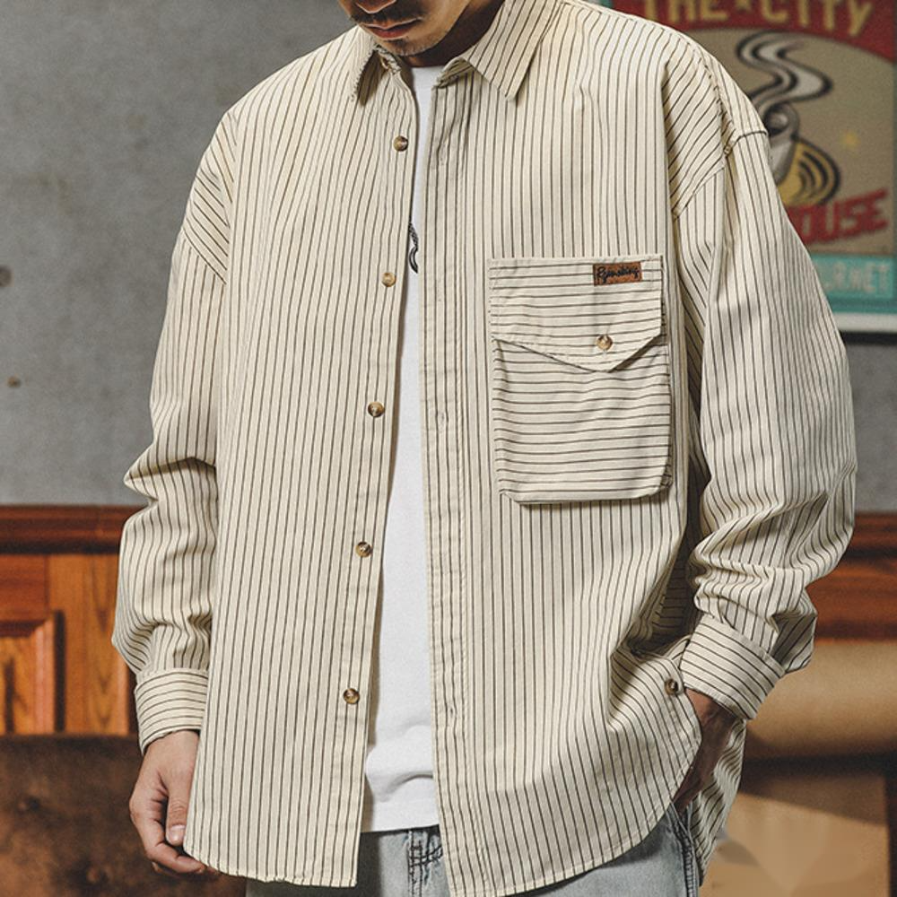 美式條紋襯衫男長袖設計感寬鬆休閒廓形襯衣寸衫外套