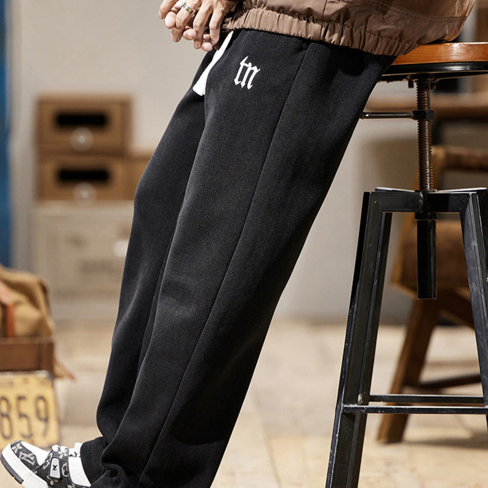 美式寬松衛褲男士垂感直筒長褲針織刺繡休閑褲