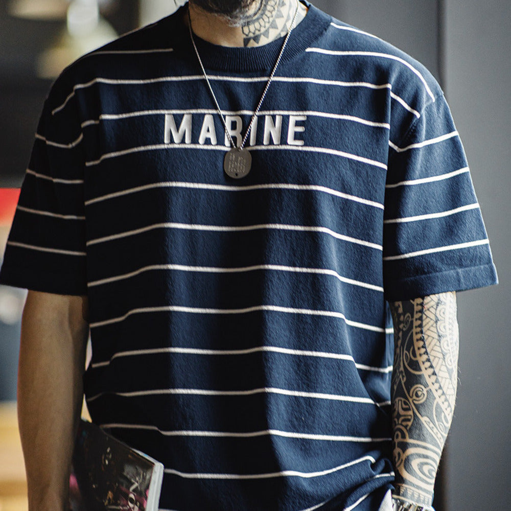 美式復古撞色條紋短袖T恤字母印花半袖海魂衫體恤男夏季