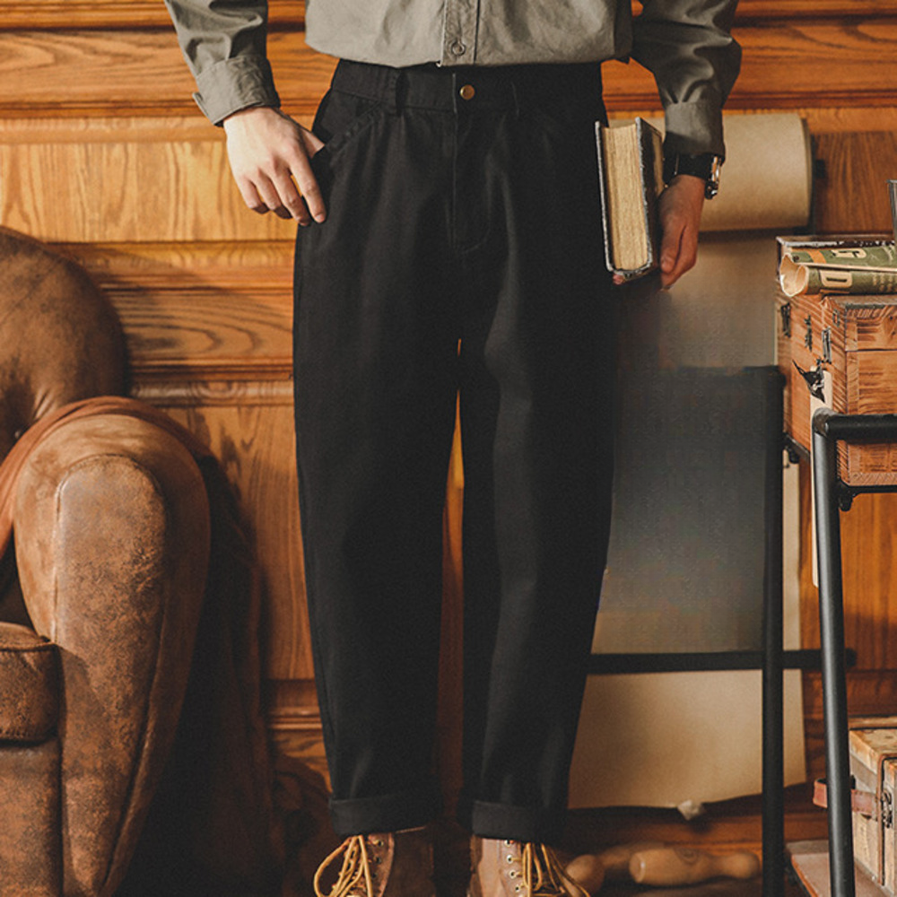 法式工裝褲男春秋款美式復古男裝廓爾格西褲寬松直筒休閑錐形褲