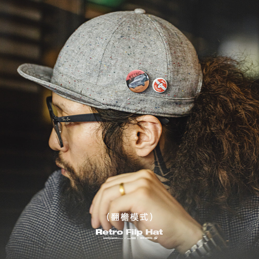 美式復古混紡點紗短簷帽圓頂做舊灰色翻簷平簷鴨舌帽