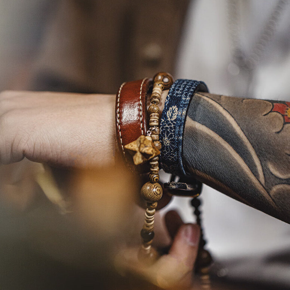 復古boro百家布拼接手環黃銅頭層植鞣牛皮手镯配飾品