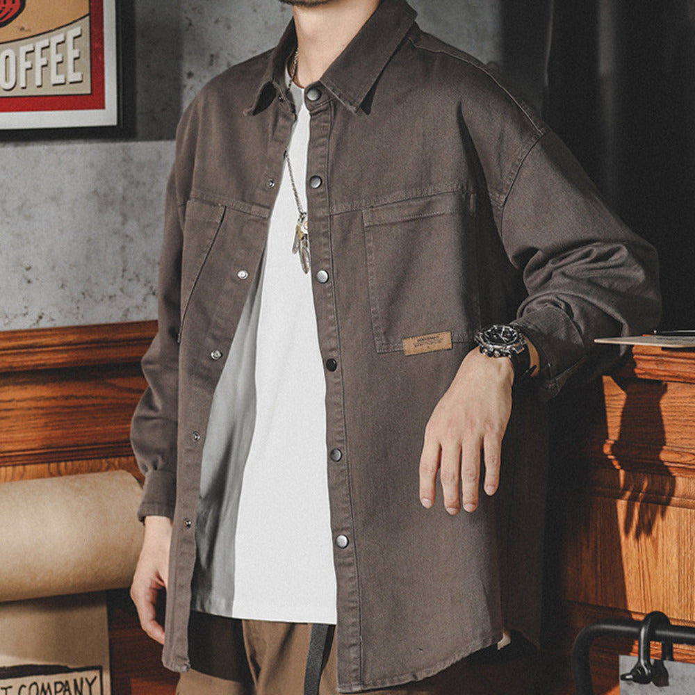 美式工裝襯衫男長袖春秋季潮牌大碼寬松休閑襯衣復古牛仔外套