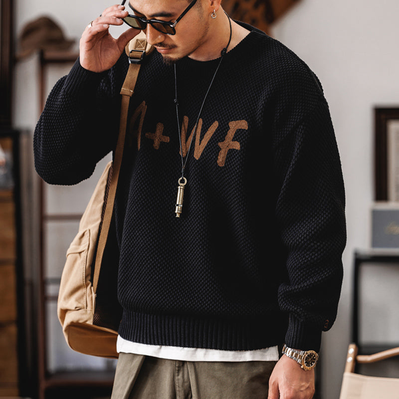 美式復古冬季潮牌字母針織衫男士寬松保暖線衣