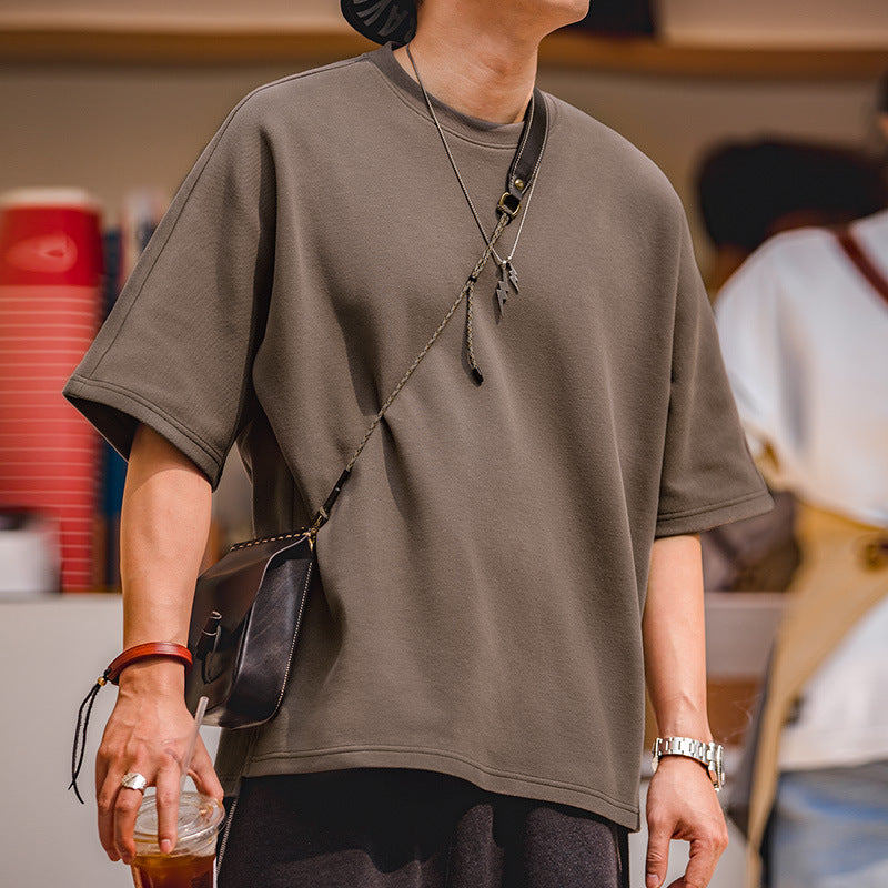 美式復古珠地空氣棉T恤春夏寬松廓形拼接免燙短袖TEE