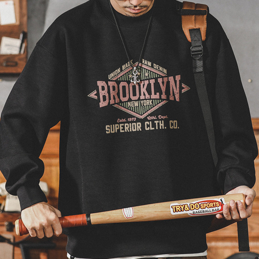 美式復古圓領衛衣男春秋季新款潮牌寬松大碼休閑套頭外套