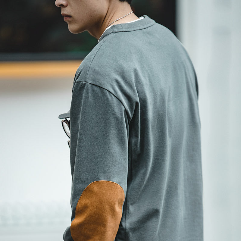 復古麂皮絨拼接貼布棉長袖T恤落肩圓領衛衣