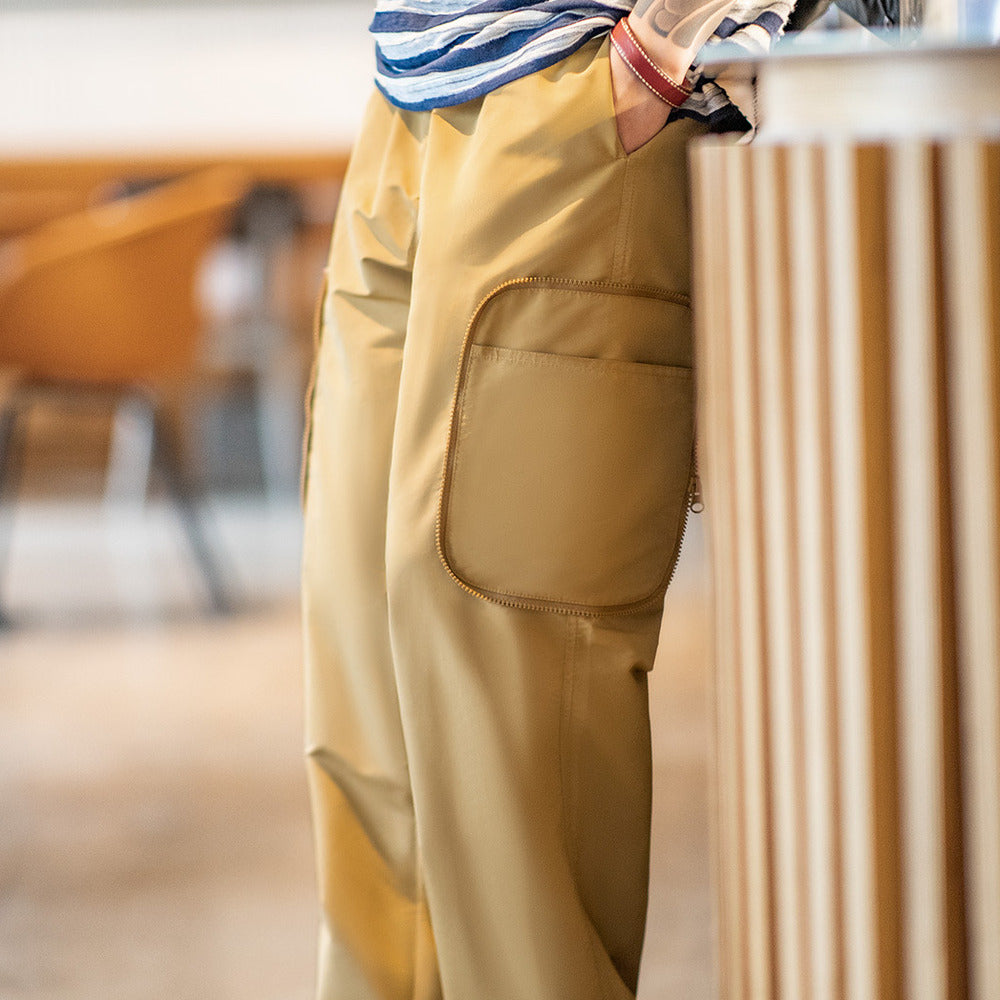美式休閑多功能直筒褲口袋寬松抽繩束腳機能闊腿長褲
