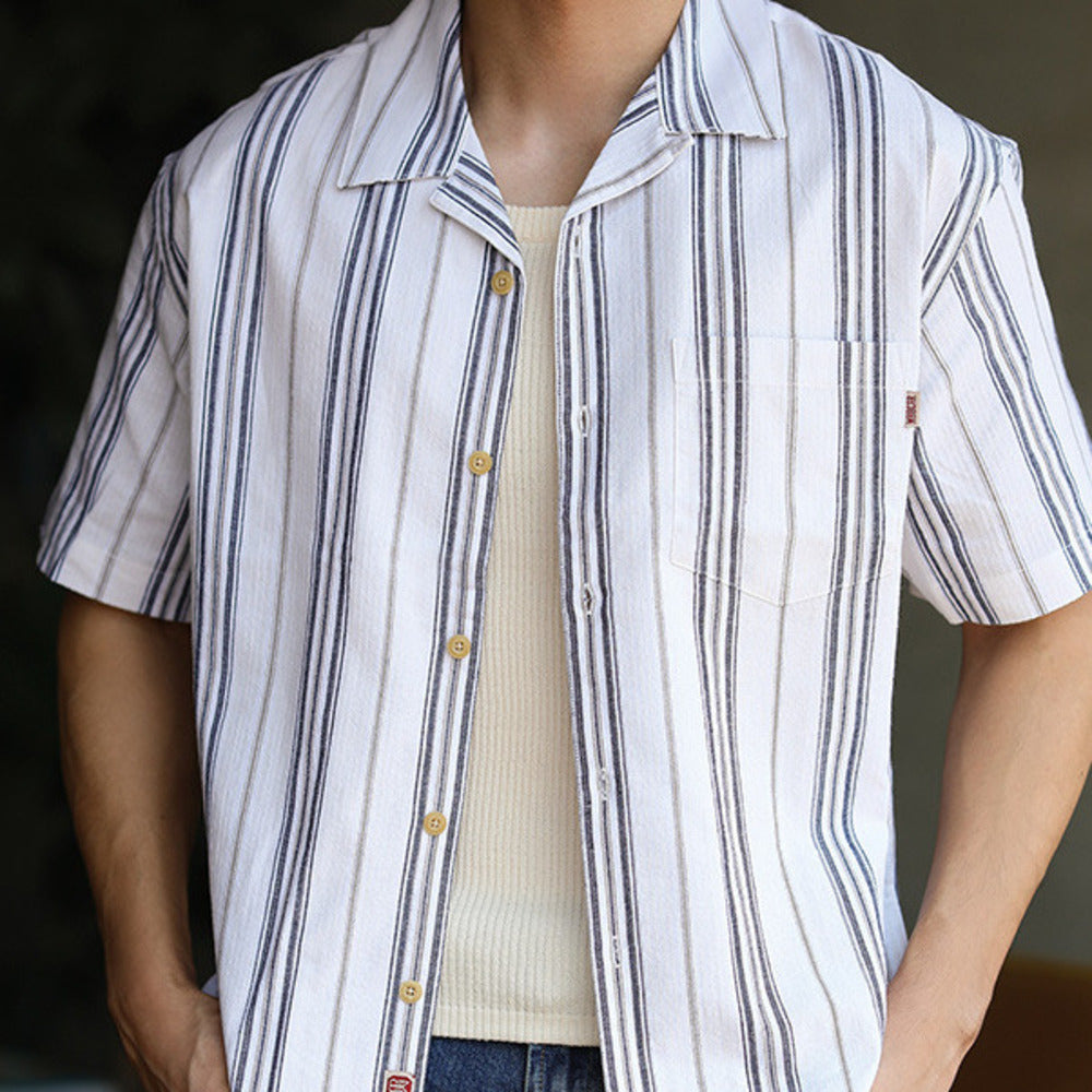 高端夏日清爽條紋古巴領短袖襯衫美式休閑夏威夷襯衣男