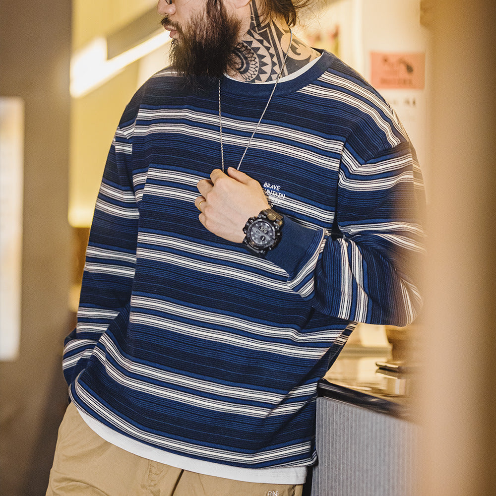 美式休閑撞色條紋長袖T恤Cityboy混紡圓領落肩針織衫