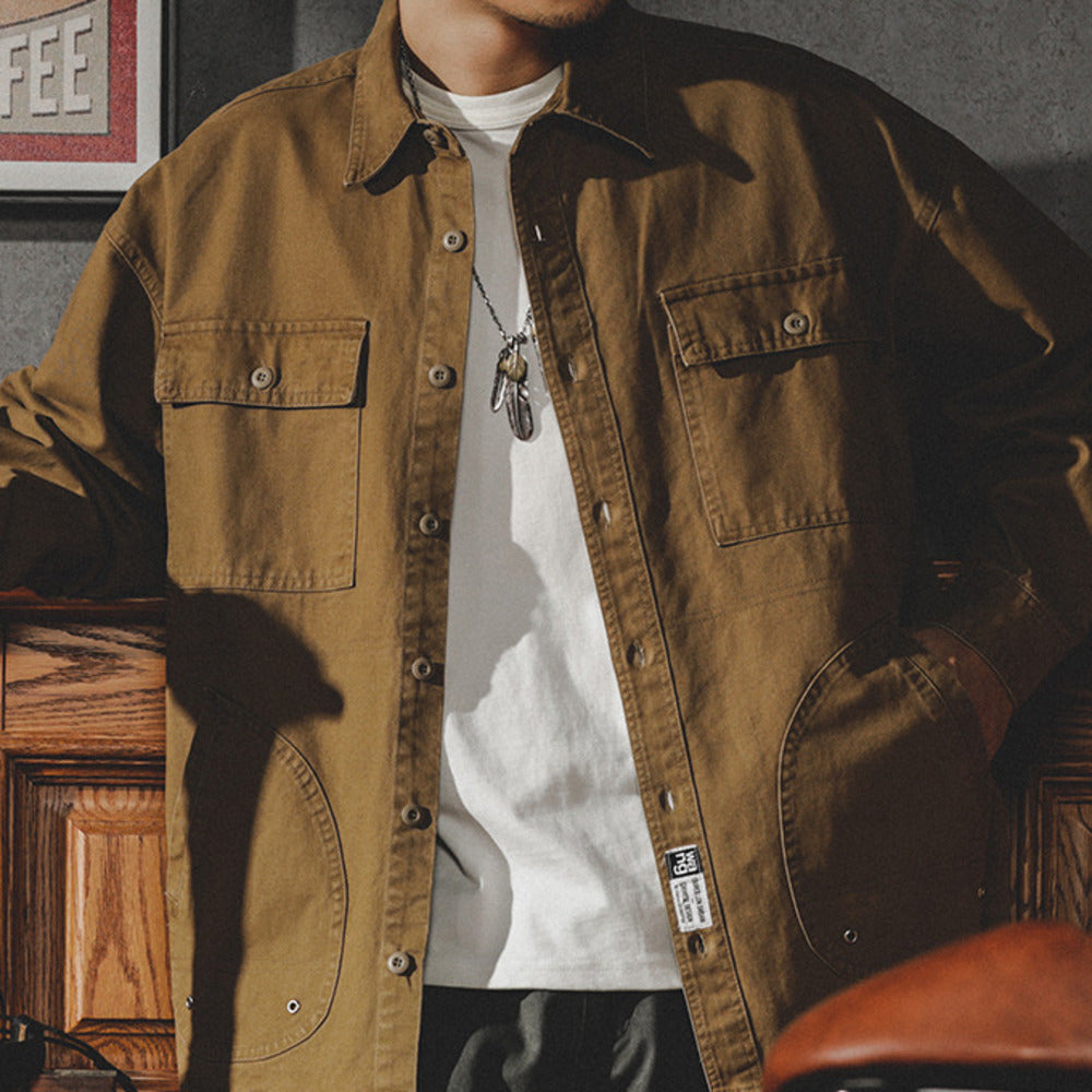 美式工裝襯衫男潮牌復古長袖襯衣男士春秋季寬松休閑上衣外套