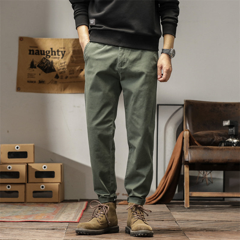 男款復古垂感軍綠色褲子美式男士卡其褲九分小西褲