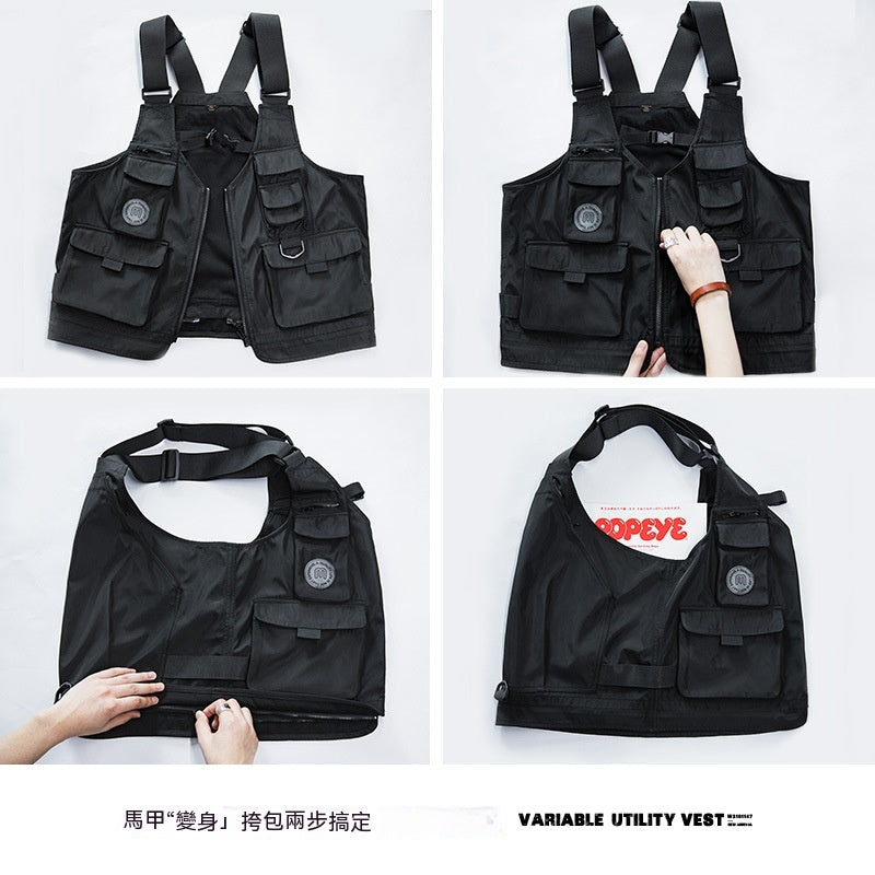 復古多口袋機能風馬甲無袖坎肩背心兩用挎包外套