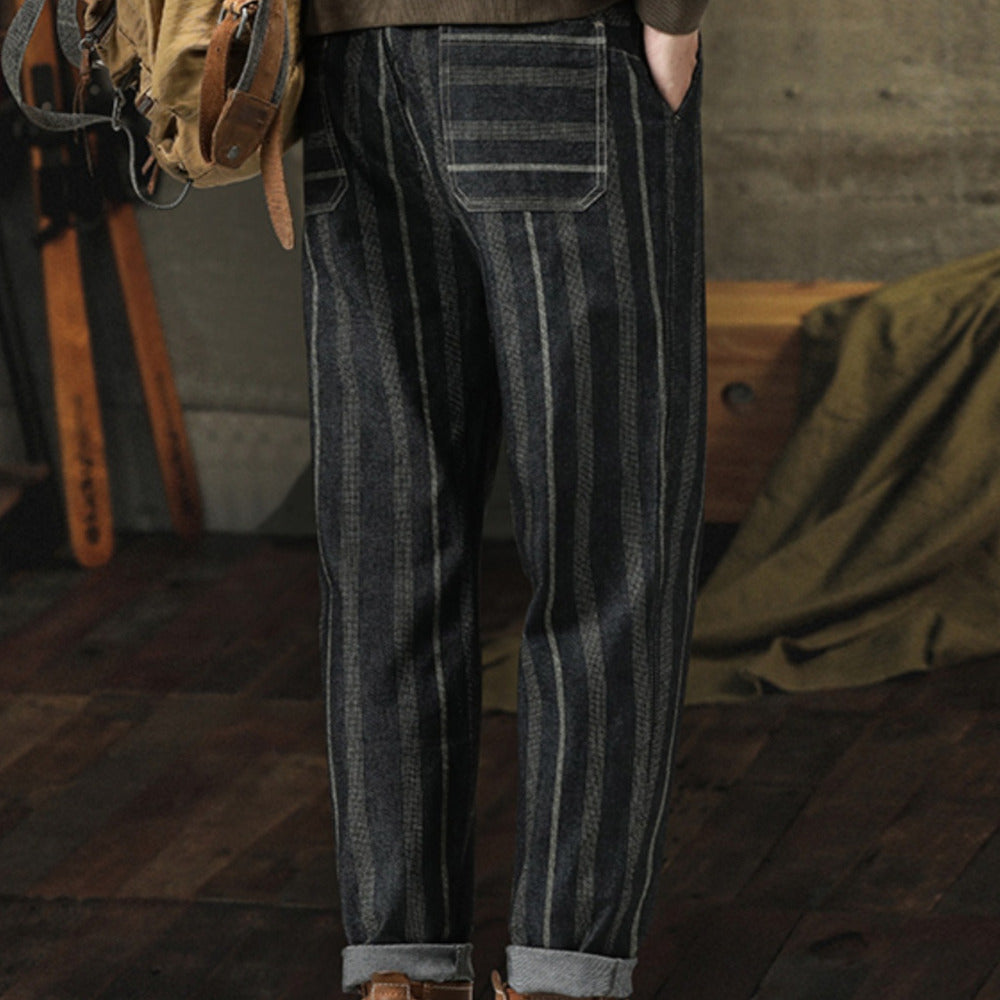 美式復古條紋休閑褲子男秋季英倫雅痞寬松直筒哈倫九分錐形褲