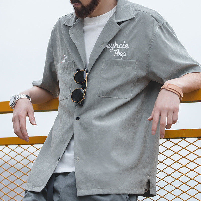 美式復古寬松古巴領短袖襯衫阿美咔叽春夏疊穿V領襯衣