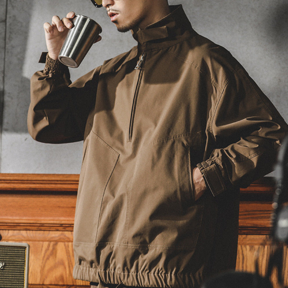 美式衛衣男春秋款半拉鏈套頭沖鋒衣寬松大碼復古工裝夾克外套春秋