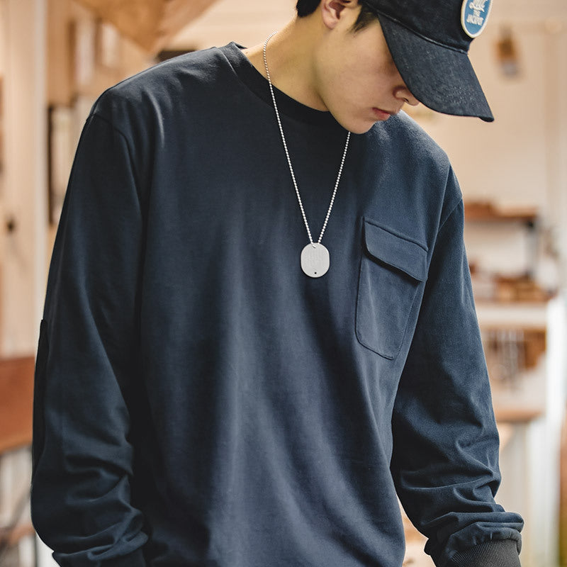 復古麂皮絨拼接貼布棉長袖T恤落肩圓領衛衣