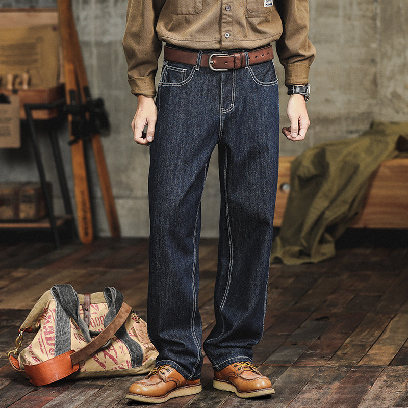 活性染原色牛仔美式赤耳丹寧牛仔褲男直筒寬松原牛休閑長褲子