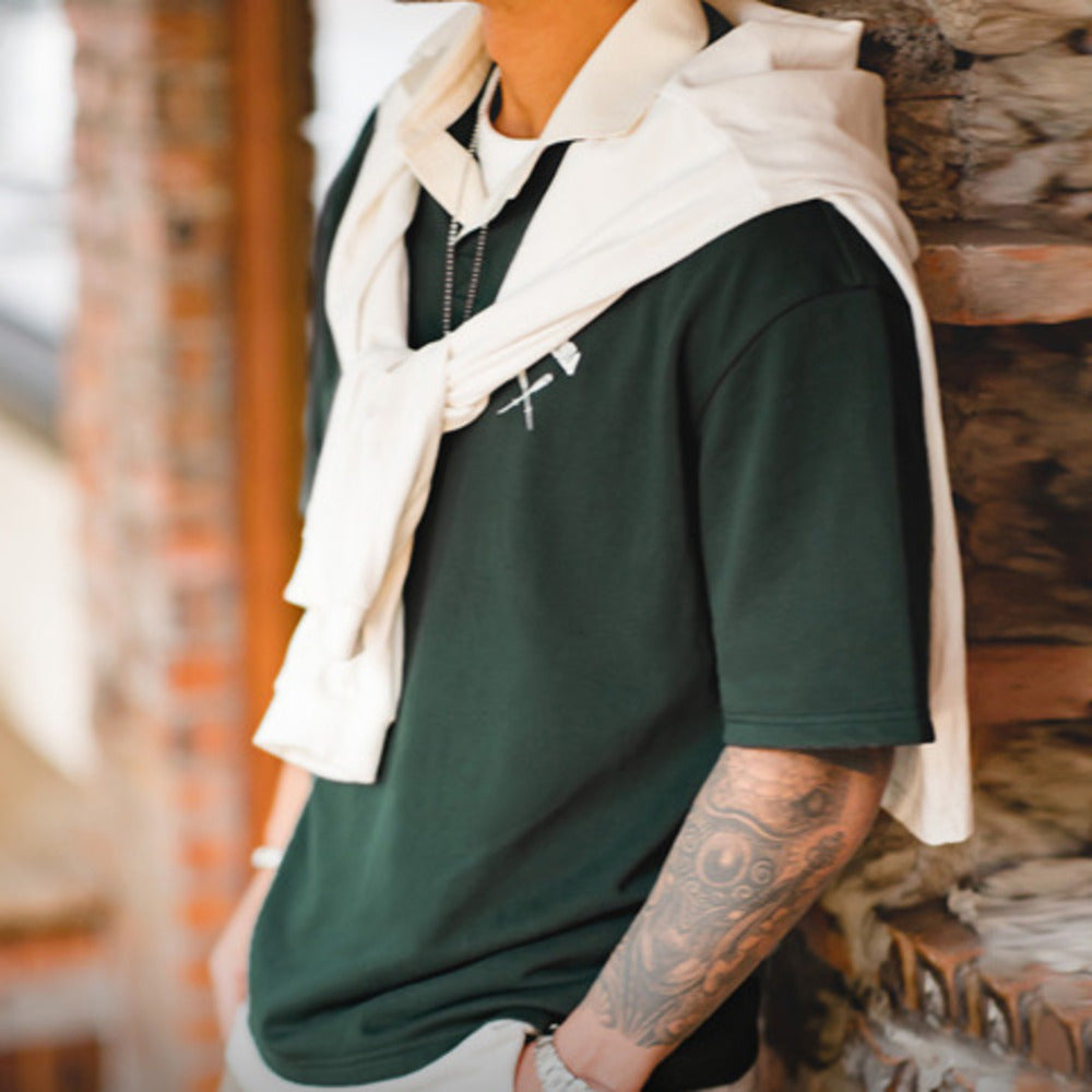 美式復古撞色polo衫短袖寬松刺繡學院風翻領半袖t恤