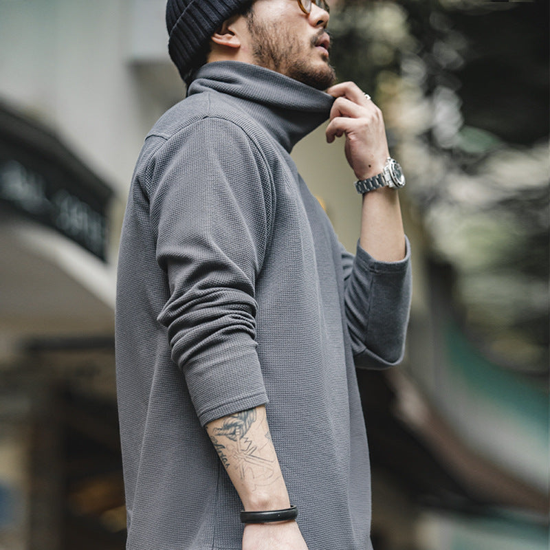 美式休閑灰色高領衛衣純色內搭打底衫長袖T恤