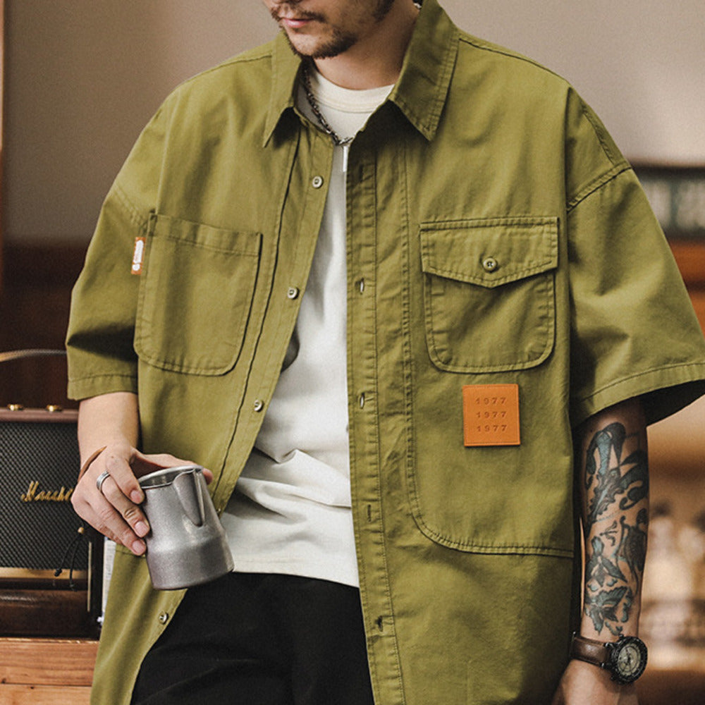 美式復古工裝短袖純棉潮牌寬松大碼五分袖休閑襯衣