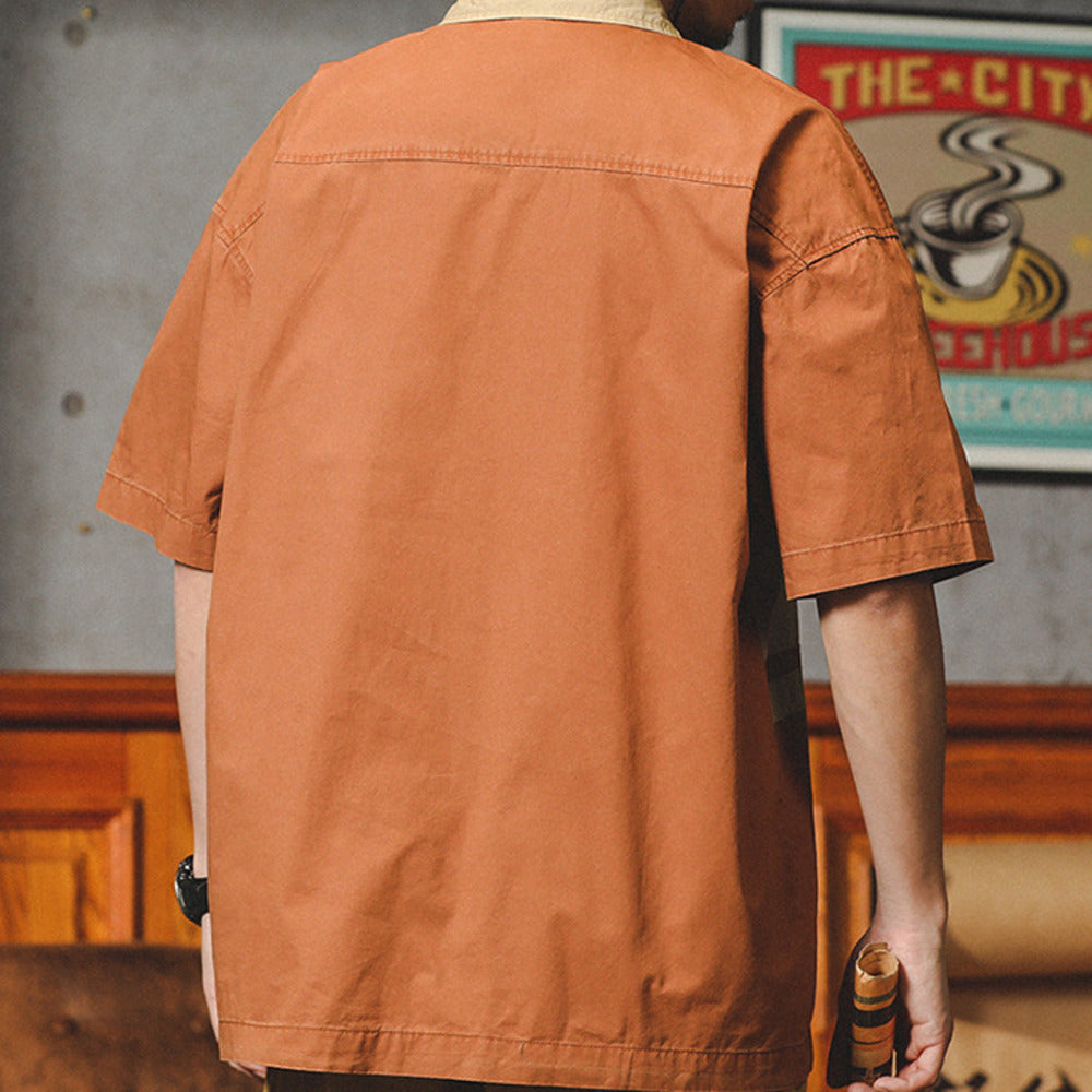 美式復古半拉鏈襯衫男短袖polo衫潮牌寬松休閑襯衣t恤男夏季