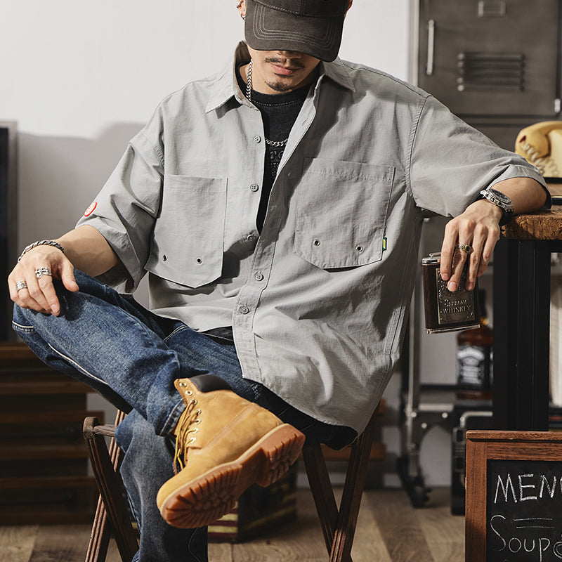 純棉復古大碼工裝外套夏季戶外美式街頭半袖襯衣