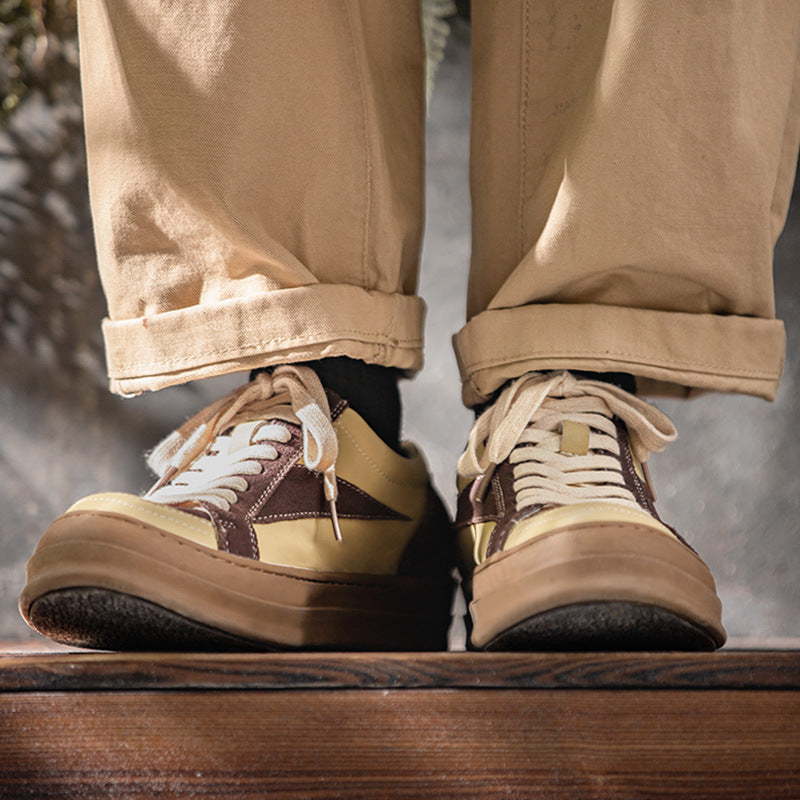 春季VIBE風板鞋小眾設計厚底圓頭皮鞋復古拼接休閑鞋