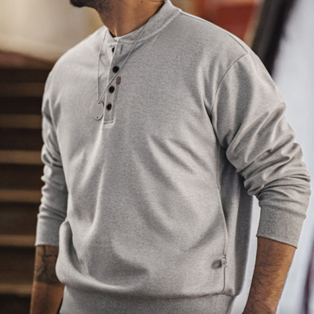 美式休閑亨利領毛呢衛衣格雷系cleanfit長袖打底衫