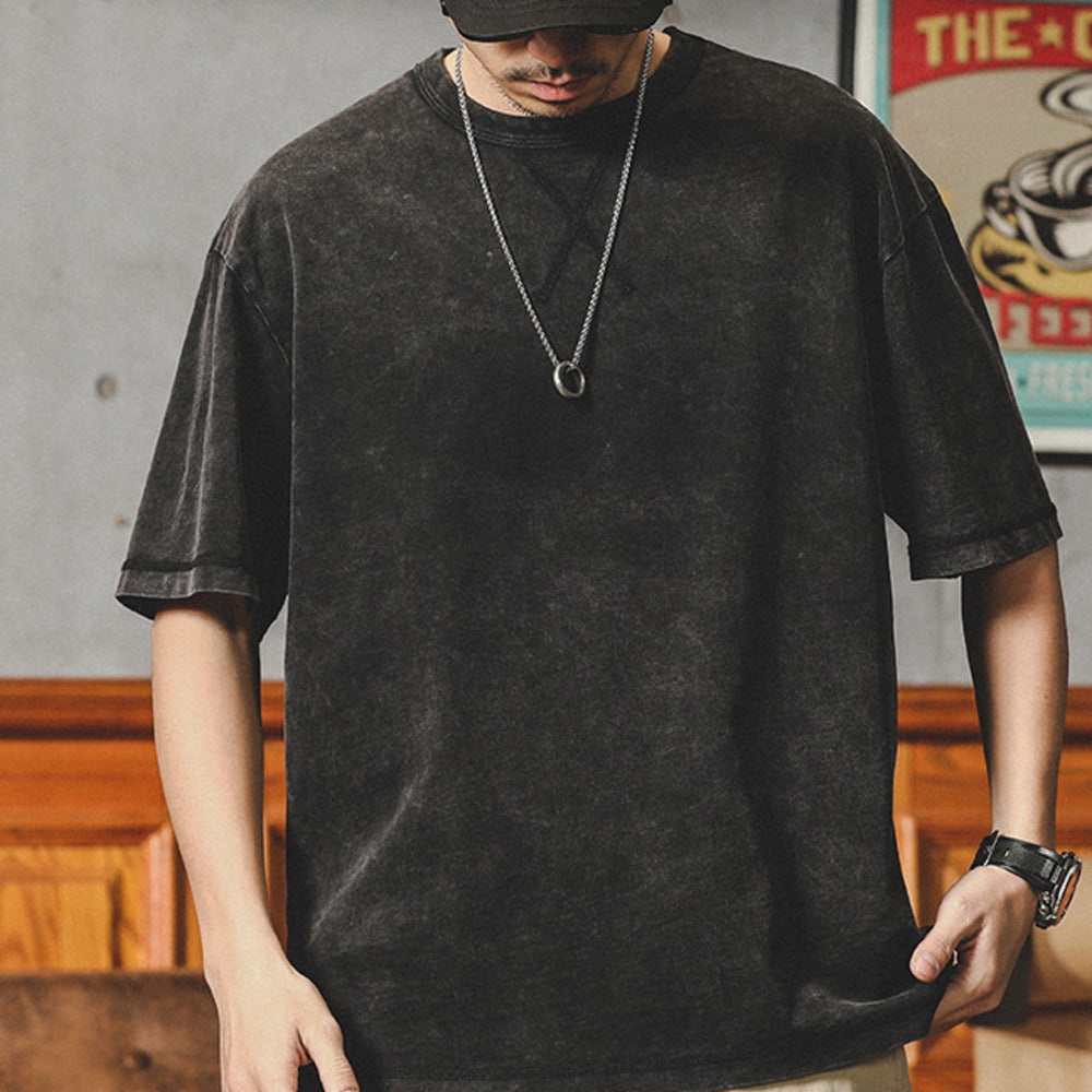 美式復古水洗t恤男短袖夏季寬松大碼潮牌潮流半截袖純棉體恤