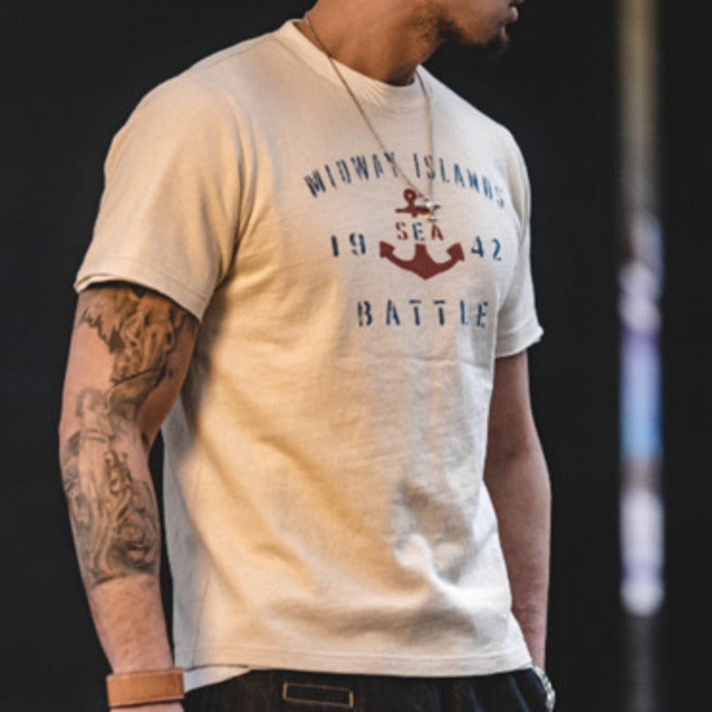 美式復古船錨印花棉籽殼短袖TEE正肩半袖字母圓領T恤