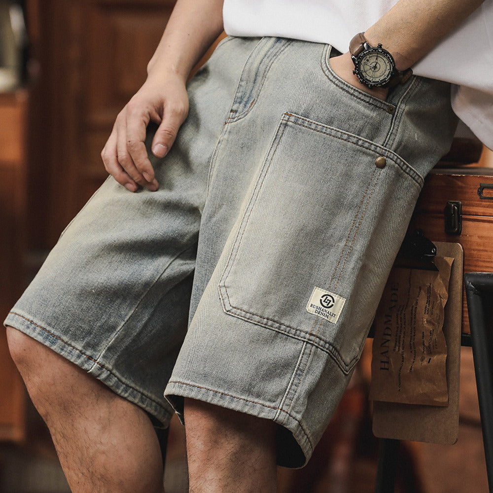五分褲男夏季多兜工裝牛仔短褲寬松直筒美式復古休閑2024新款中褲