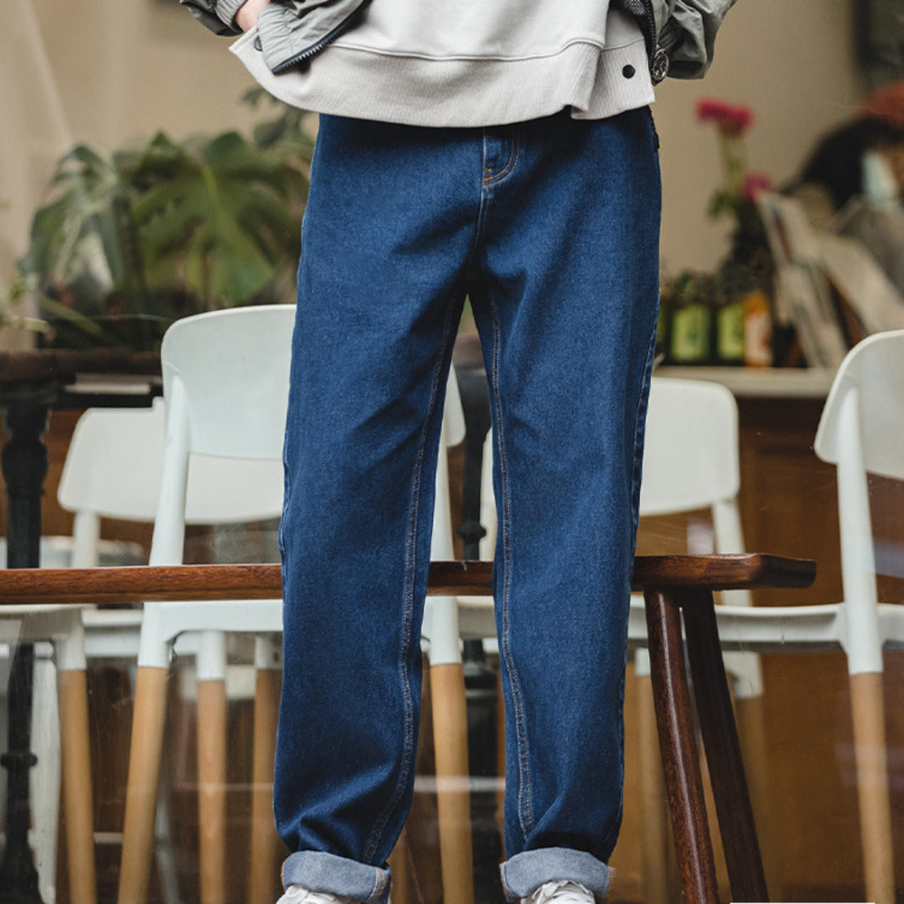 美式復古水洗丹寧牛仔春秋深藍色寬松闊腿長褲