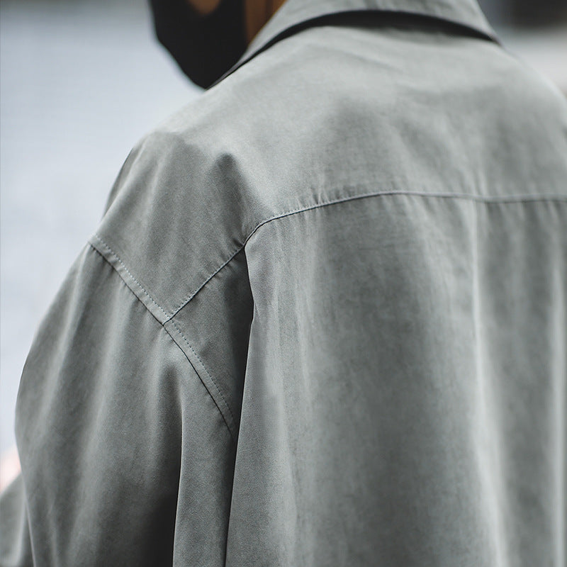 法式復古長袖古巴領薄襯衫那不勒斯襯衣桃皮絨