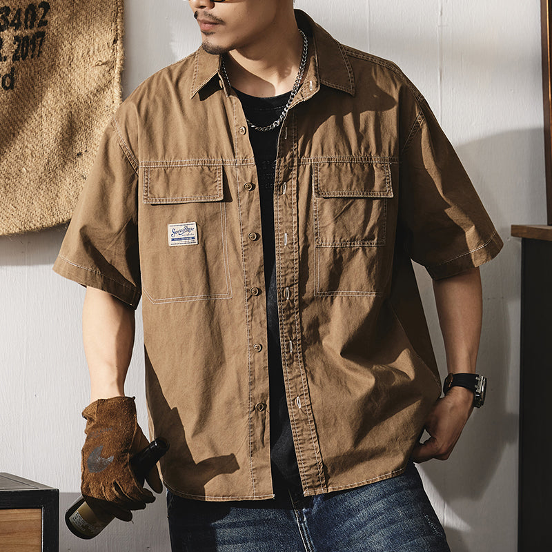 短袖襯衫夏季美式復古明線貼標襯衣潮流純棉大碼工裝外套