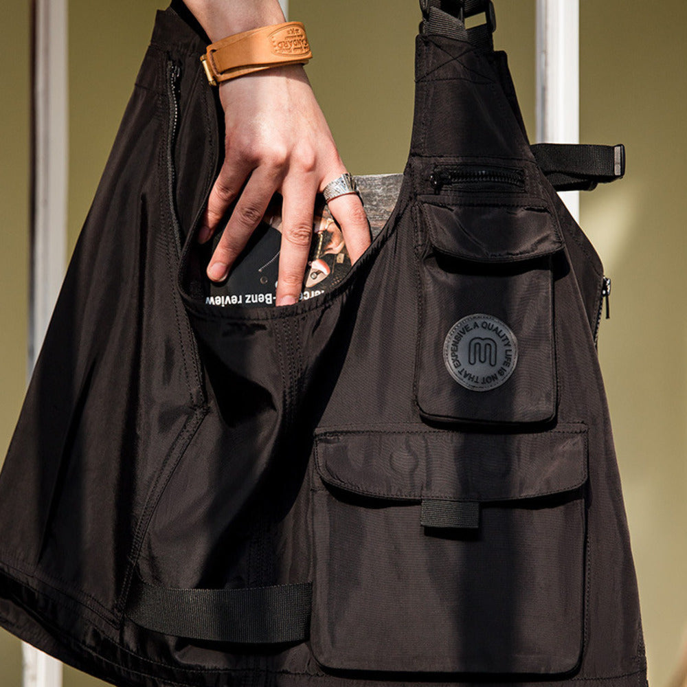 復古多口袋機能風馬甲無袖坎肩背心兩用挎包外套