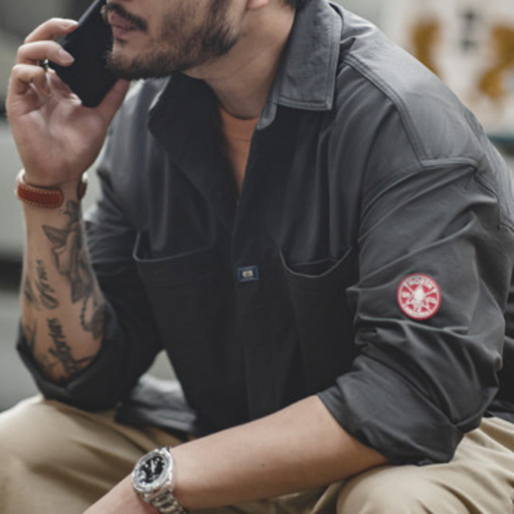 山系深灰口袋襯衫美式休閑寬松長袖襯衣疊穿外套