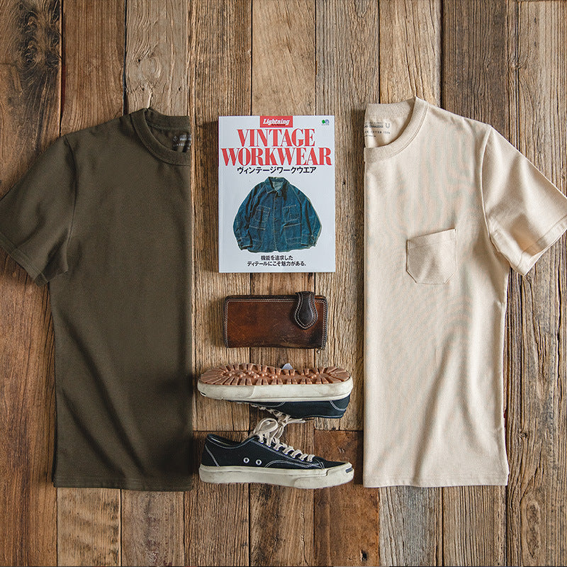 美式復古三本針口袋t恤阿美咔叽棉半袖硬漢短袖