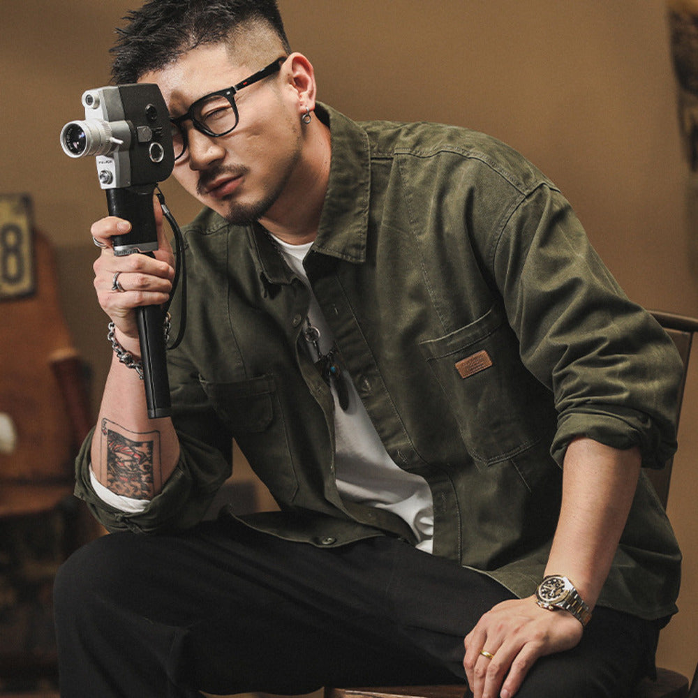 美式復古長袖襯衫春秋季款純棉休閑工裝襯衣外套