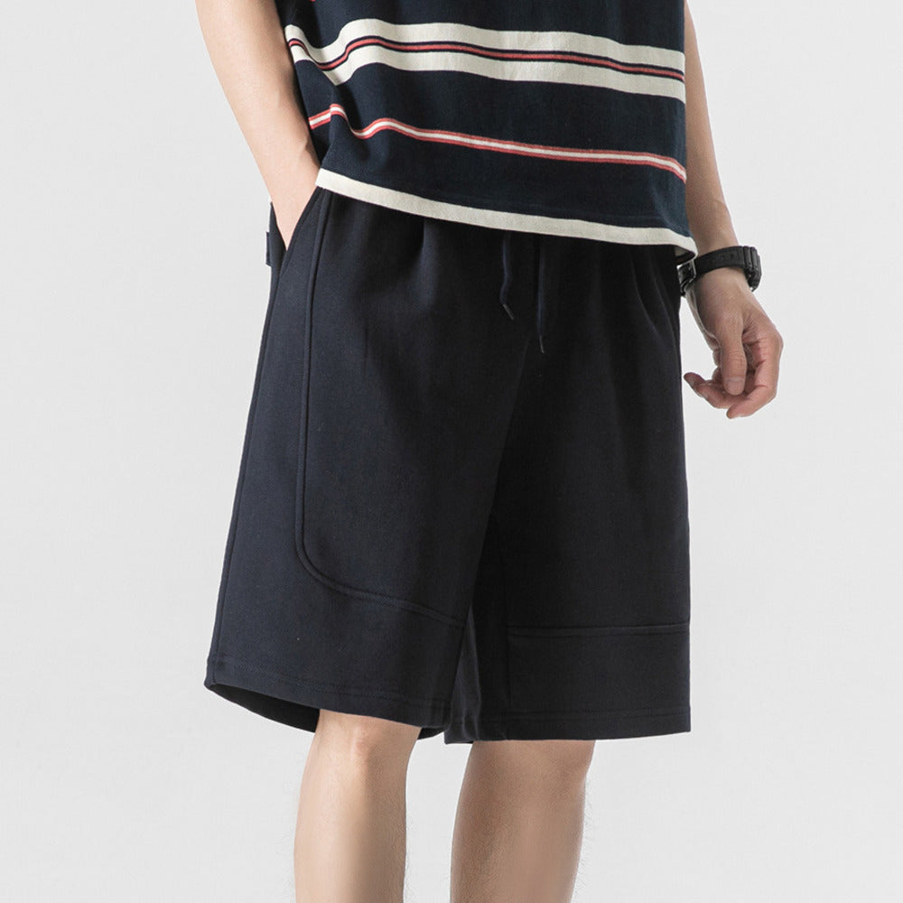 夏季純色拼接刺繡衛褲寬松百搭直筒褲潮流休閑沙灘褲