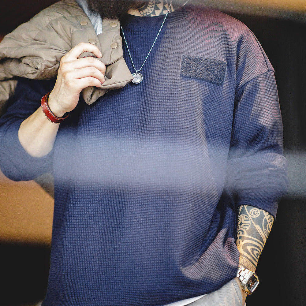 美式休閑華夫格長袖魔術貼疊穿衛衣