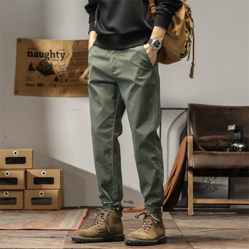 男款復古垂感軍綠色褲子美式男士卡其褲九分小西褲