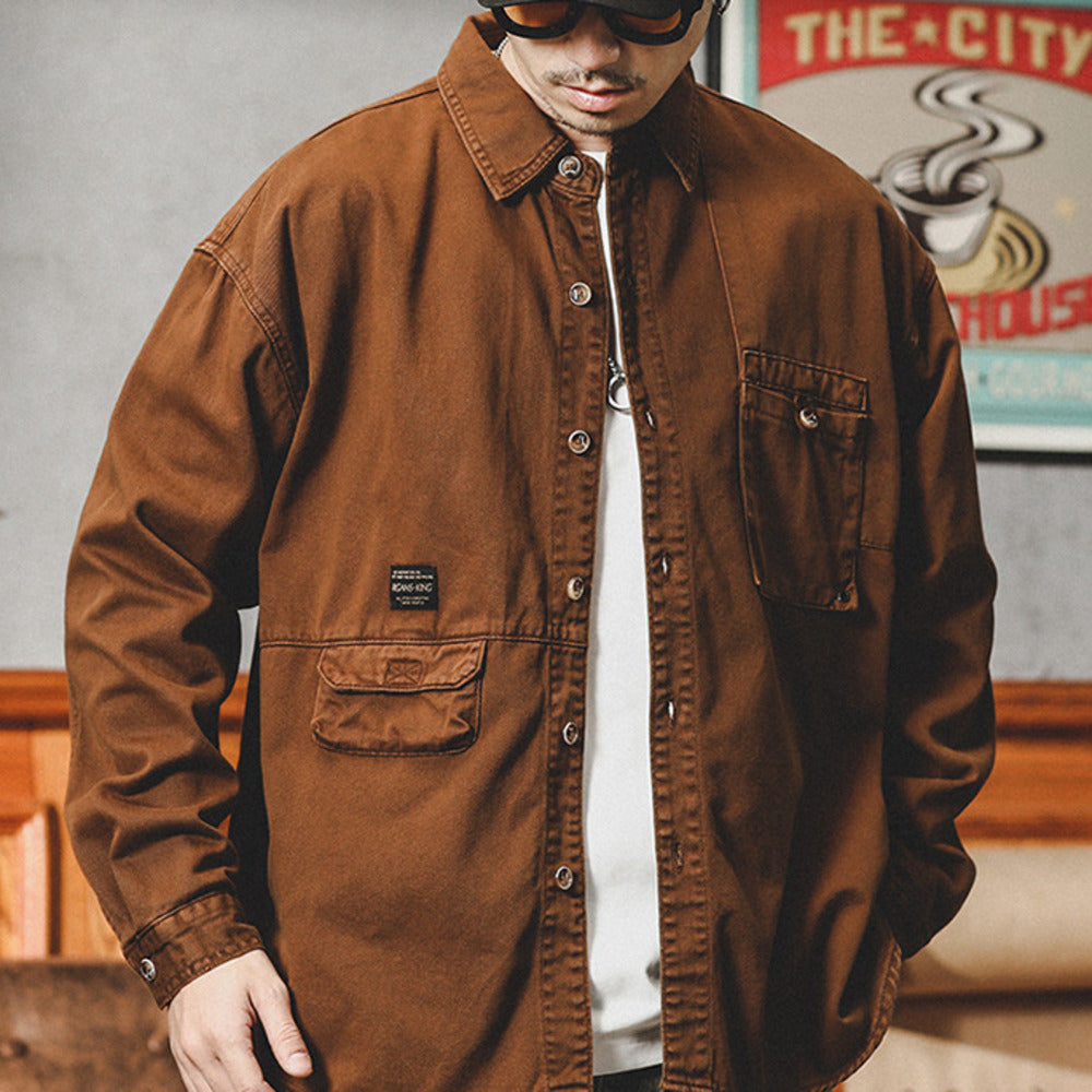 美式復古牛仔襯衫男長袖春季寬松休閑廓形工裝襯衣男寸衫外套